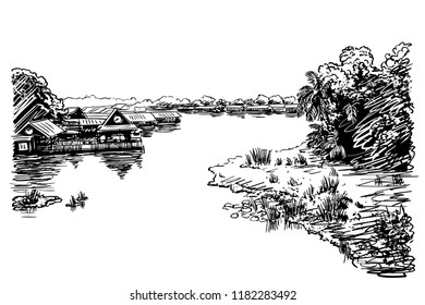 Sketch of river landscape in Southeast Asia with village and jungle, Hand drawn vector illustration