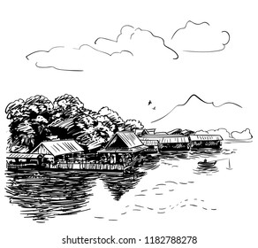 Sketch of river landscape in Southeast Asia with fishing boat, village, flying birds, clouds and mountain, Hand drawn vector illustration