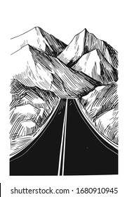 Sketch of a road and mountains. Outdoor landscape. Hand drawn illustration converted to vector. Black on transparent background