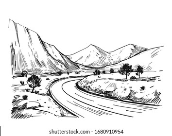 Sketch of a road and mountains. Outdoor landscape. Hand drawn illustration converted to vector. Black on transparent background