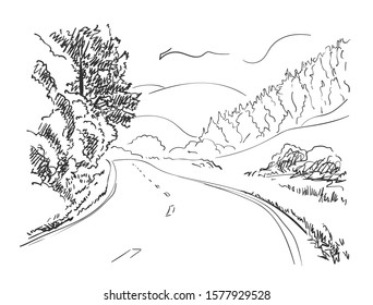 Sketch of road on hilly landscape, Hand drawn vector illustration