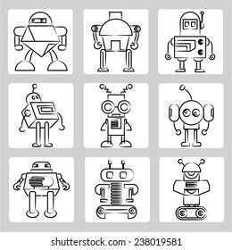 sketch robot icons set, drawing line robots