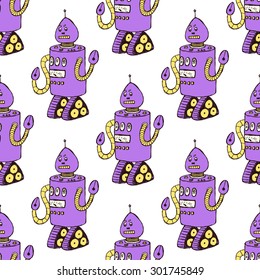 Sketch robot in vintage style, vector seamless pattern