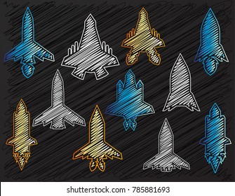 Sketch Rocket launch set design in black background Vector Illustration. Handmade.