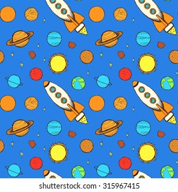 Sketch rocket and planets in vintage style, vector seamless pattern