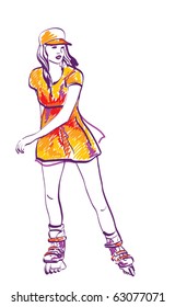 Sketch of rollerskating teenage girl. Hand drawn illustration.