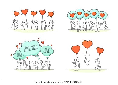 Sketch of romantic people and speech bubbles. Doodle cute miniature scene about love. Hand drawn cartoon vector illustration for valentine day design.