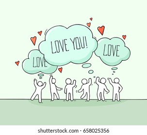 Sketch of romantic people and speech bubbles. Doodle cute miniature scene about love. Hand drawn cartoon vector illustration for valentine day design.
