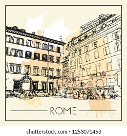 Sketch of Rome. Suitable for invitation, flyer, sticker, poster, banner, card, label, cover, web. Vector illustration.