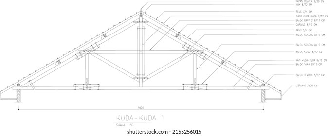 sketch of roof truss made of wood with a span of 9.5 meters