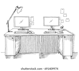 Sketch the room. Desk, various objects on the table. Sketch workspace. Vector illustration