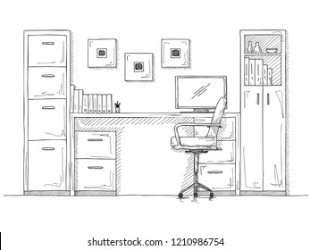 Sketch the room. Office chair, desk, various objects on the table. Sketch workspace. Vector illustration