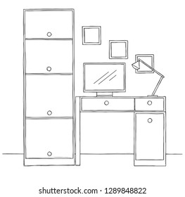 Sketch the room. Office chair, desk, various objects on the table. Sketch workspace. Vector illustration