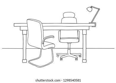 Sketch the room. Office chair, desk, various objects on the table. Sketch workspace. Vector illustration