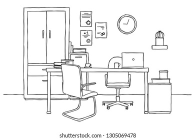 Sketch the room. Office chair, desk, various objects on the table. Sketch workspace. Vector illustration