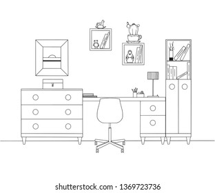 Sketch the room. Office chair, desk, various objects on the table. Sketch workspace. Vector illustration