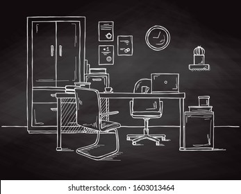 Sketch the room. Office chair, desk, various objects on the table. Sketch workspace. Vector illustration