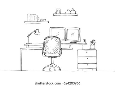 Sketch the room. Office chair, desk, various objects on the table. Sketch workspace.  Vector illustration