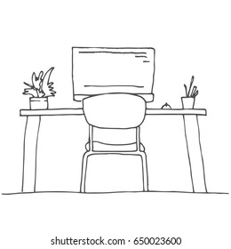 Sketch the room. Office chair, desk, various objects on the table. Sketch workspace.  Vector illustration
