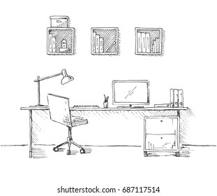 Sketch the room. Office chair, desk, various objects on the table. Sketch workspace. Vector illustration