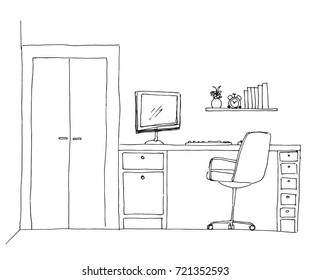 Sketch the room. Office chair, desk, various objects on the table. Sketch workspace. Vector illustration