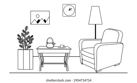 Esbozo de la habitación. Imagen vectorial de una habitación para videos de doodle. Antecedentes de los videos de doodle. Dibujo en líneas blancas y negras de la sala de estar.