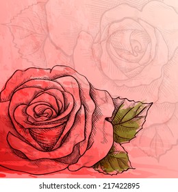 Sketch rose branch, hand drawn, ink style with paint strokes imitation
