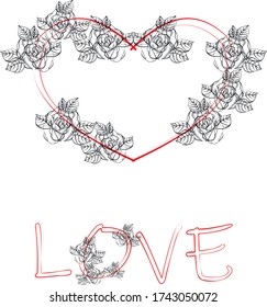 sketch of a rose, graphic drawing of a flower, lettering, heart, valentines day