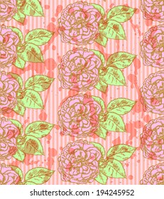 Sketch rose with leaves, vector vintage seamless pattern