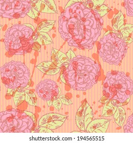 Sketch rose with leaves, vector vintage seamless pattern
