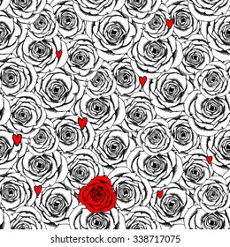 Sketch roses and heart in vintage style, vector Valentines pattern