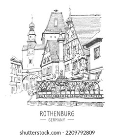 Sketch of Rothenburg ob der Tauber, Bavaria, Germany. Hand drawing. Urban sketch in black color on white background. Medieval building line art. Freehand drawing. Hand drawn travel postcard. Vector.