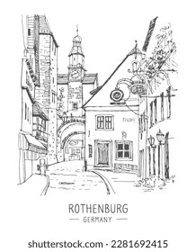 Sketch of Rothenburg ob der Tauber, Bavaria, Germany. Hand drawing. Urban sketch in black color on white background. Medieval building line art. Freehand drawing. Hand drawn travel postcard. Vector.