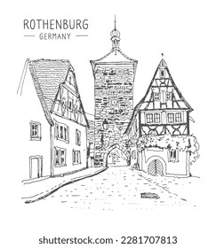 Sketch of Rothenburg ob der Tauber, Bavaria, Germany. Hand drawing. Urban sketch in black color on white background. Medieval building line art. Freehand drawing. Hand drawn travel postcard. Vector.