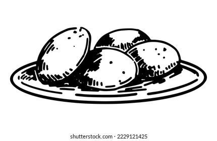 Sketch of round cookies on plate. Doodle of sweet homemade bakery. Hand drawn vector illustration. Single clip art isolated on white.