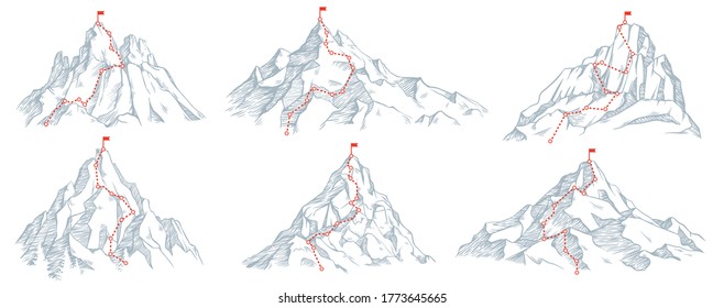 Sketch route to mountain peak. Hand drawn sketch mountains, path to top and climbing journey plan vector illustration set. Red flag on top. High destination, achievement and success symbol