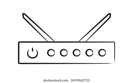 Skizze des Routers mit Power Button. Modem. Bleistiftgerät mit Antennen. Konturgerät für Wi-Fi. Lineartechnik für den Anschluss an das Internet. Isoliertes Objekt. Vektorillustration