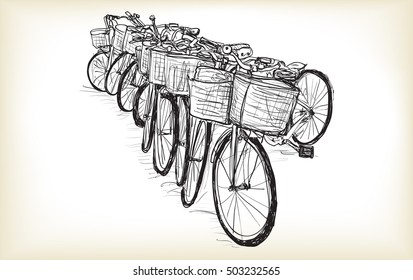 Sketch row of bicycle for sell or rent , free hand draw illustration vector