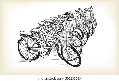 Sketch row of bicycle for sell or rent , free hand draw illustration vector