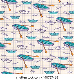 Sketch of a rowing boat and paper boats. Seamless pattern on notebook sheet. Vector illustration of hand-drawn.