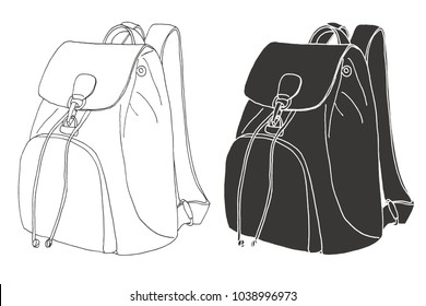 Sketch of a rucksack. Backpack isolated on white background. Vector illustration of a sketch style.