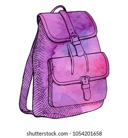 Sketch of a rucksack. Backpack isolated on white background. Vector illustration of a sketch style.Stylized watercolor. EPS 10