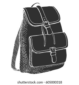 Sketch of a rucksack. Backpack isolated on white background. Vector illustration of a sketch style.