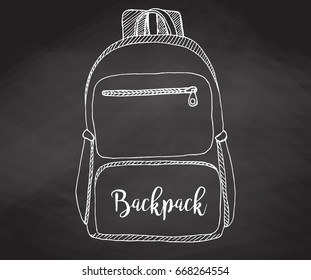 Skizze eines Rucksacks. Rucksack einzeln auf der Tafel. Vektorgrafik eines Skizzenstils.