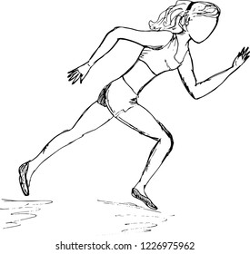 A sketch of a running girl. Hand drawing. Ink.