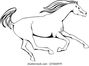 sketch of running horse, black and white, outline