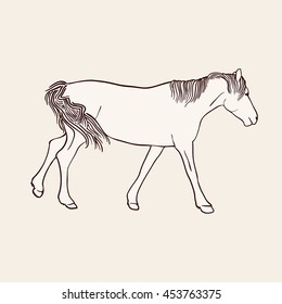 Sketch of running horse on beige background. Art vector illustration