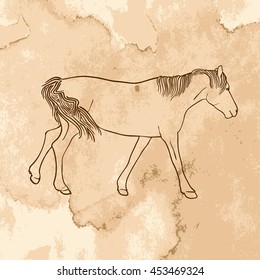 Sketch of running horse on brown textured vintage background. Side view. Art vector illustration