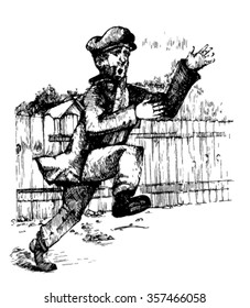 sketch running man in a coat and hat