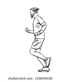 Sketch of running man with hipster haircut and beard, Hand drawn vector linear illustration
